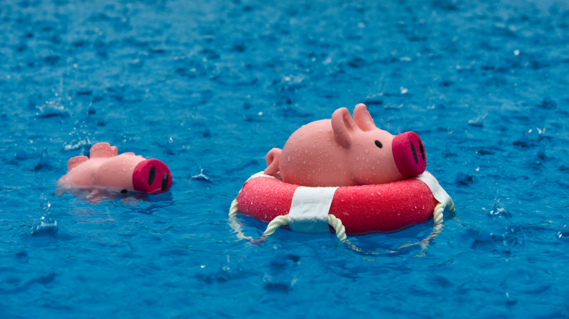 piggy bank floating in sea in rubber ring